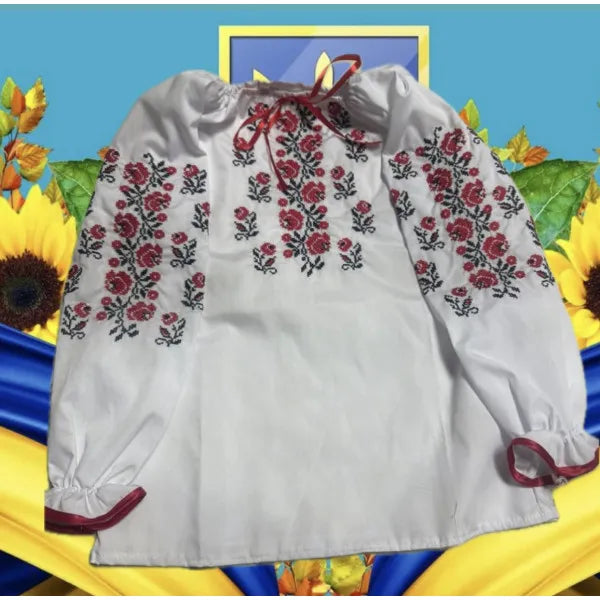 Вишиванка для дівчинки з попліну Червоні квіти купити в латвії литві естонії німеччині чехії польщі доставка по всьому світу бавовняна вишиванка дитячі вишиванки